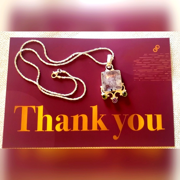 SOLD-Rutile Quartz, Peridot, and Amethyst Sterling Silver Necklace - Picture 6 of 12